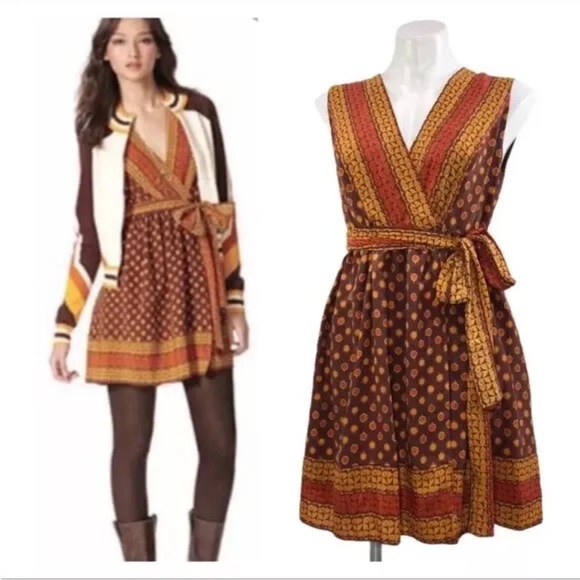 Anna Sui Tops - Anthropologie Anna Sui Silk Wrap Dress Brown Geometric Art Nouveau Boho-Size S